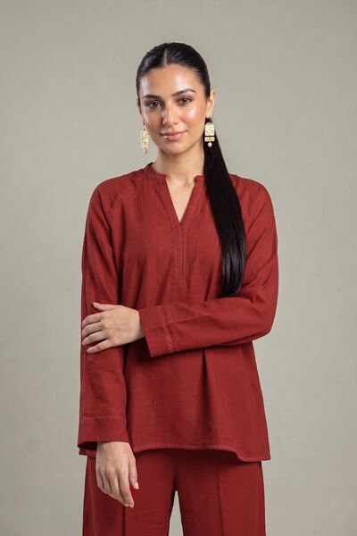 Dyed | Crepe | Rust V-Neck Tunic | USD 40.00