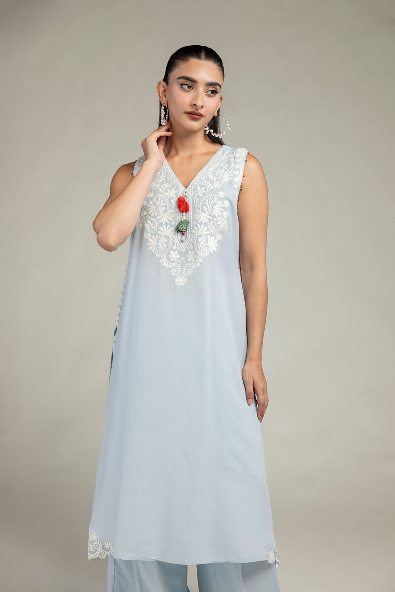 Embroidered | Raw Silk | Sleeveless V-Neck Kurta | USD 55.00