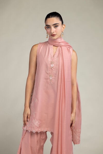 Raw Silk | Sleeveless Pink Kurta | USD 65.00