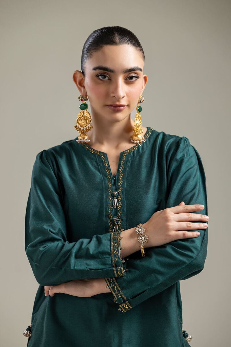 Raw Silk | Green V-Neck Kurta | USD 45.00