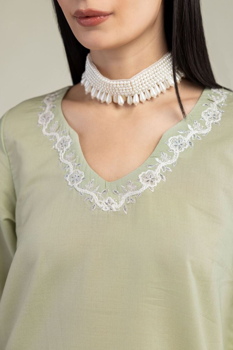 Embroidered | Mesuri | V-Neck Mint Kurta | USD 35.00