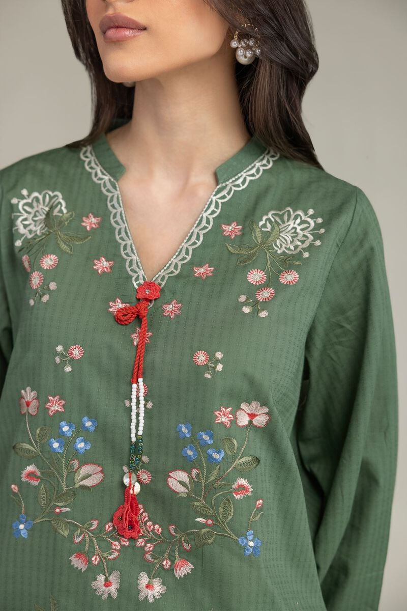 Embroidered | Cotton Dobby | Short Green Kurta | USD 35.00