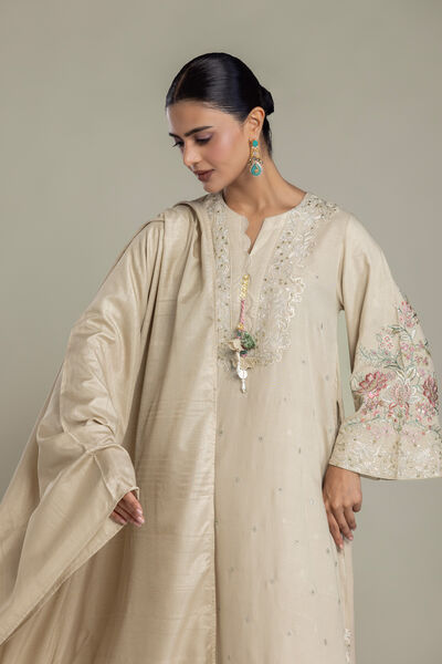 Embroidered | Polyester Silk | Beige Silk Dupatta | USD 35.00