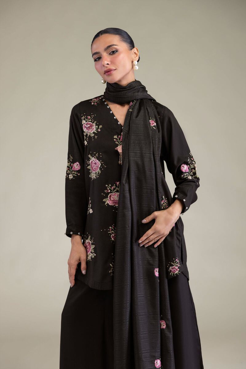 Embroidered | Raw Silk | Black Floral Kurta | USD 27.50