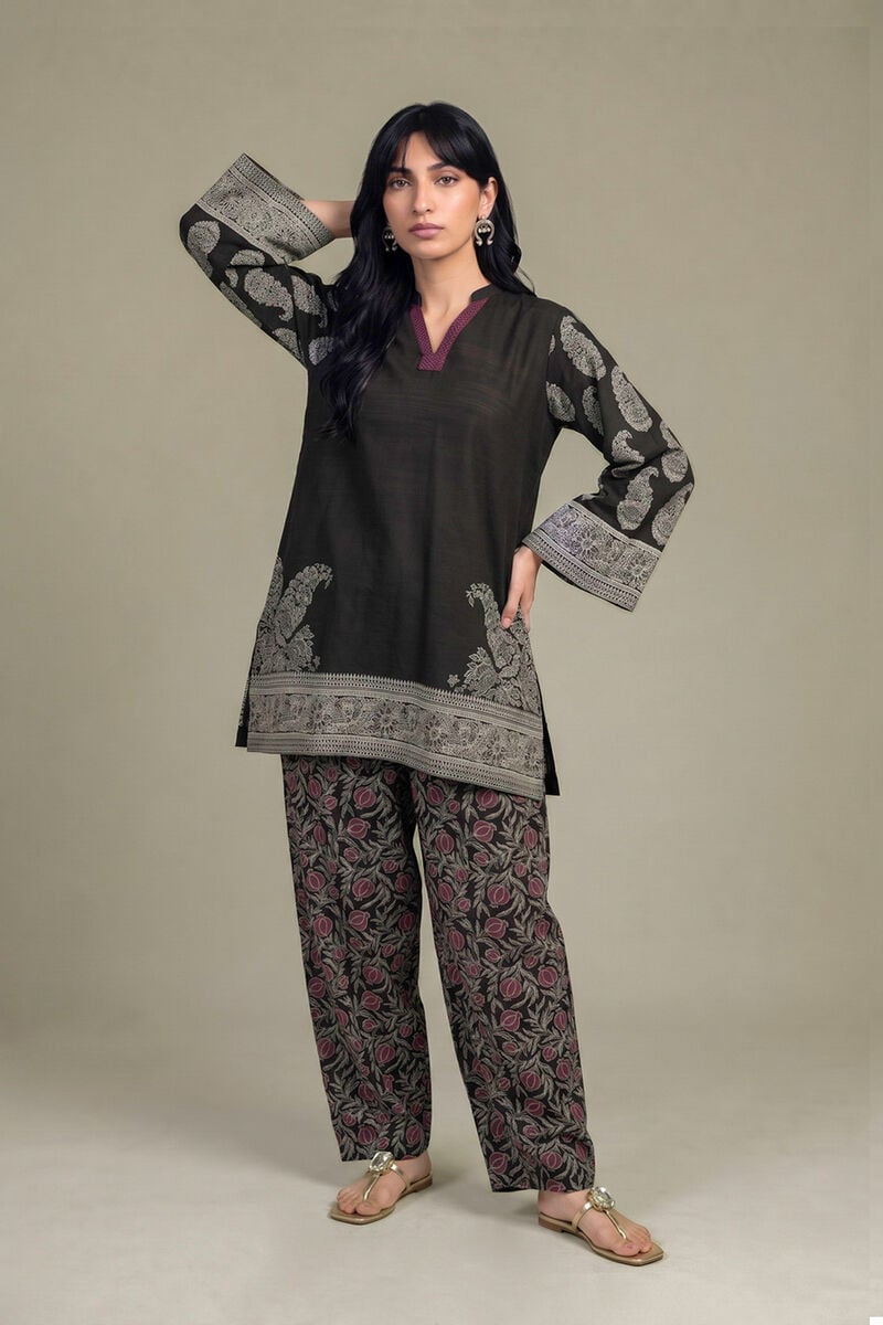 Printed | Light Khaddar | Black V-Neck Kurta | USD 45.00