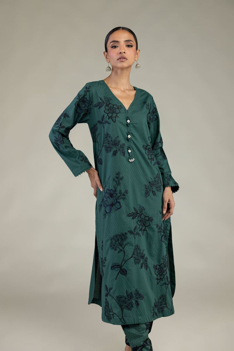 Embroidered | Cotton Dobby | Green Longline Kurta | USD 60.00