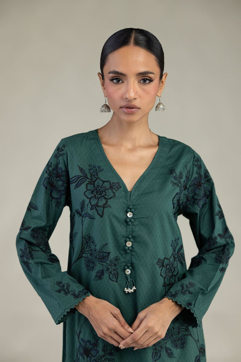 Embroidered | Cotton Dobby | Green Longline Kurta | USD 60.00