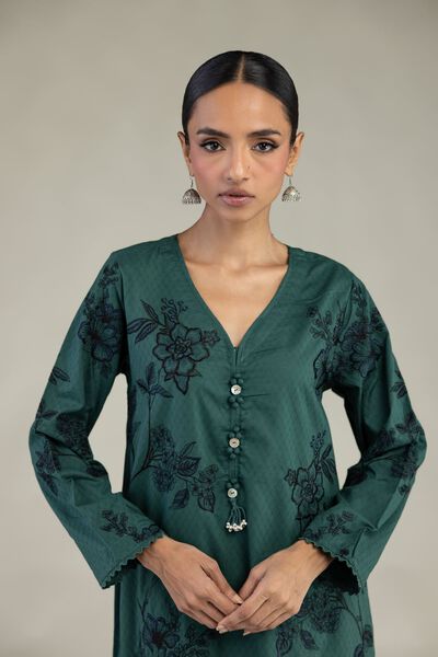 Embroidered | Cotton Dobby | Green Longline Kurta | USD 60.00