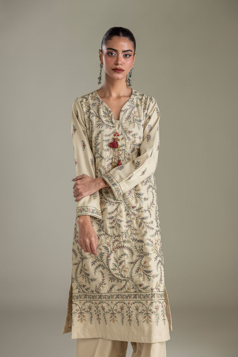 Embroidered | Heavy Blended Viscose | Long Beige Kurta | USD 65.00