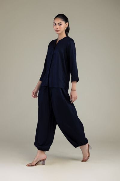 Embroidered | Viscose Crepe | Navy Viscose Trousers | USD 30.00