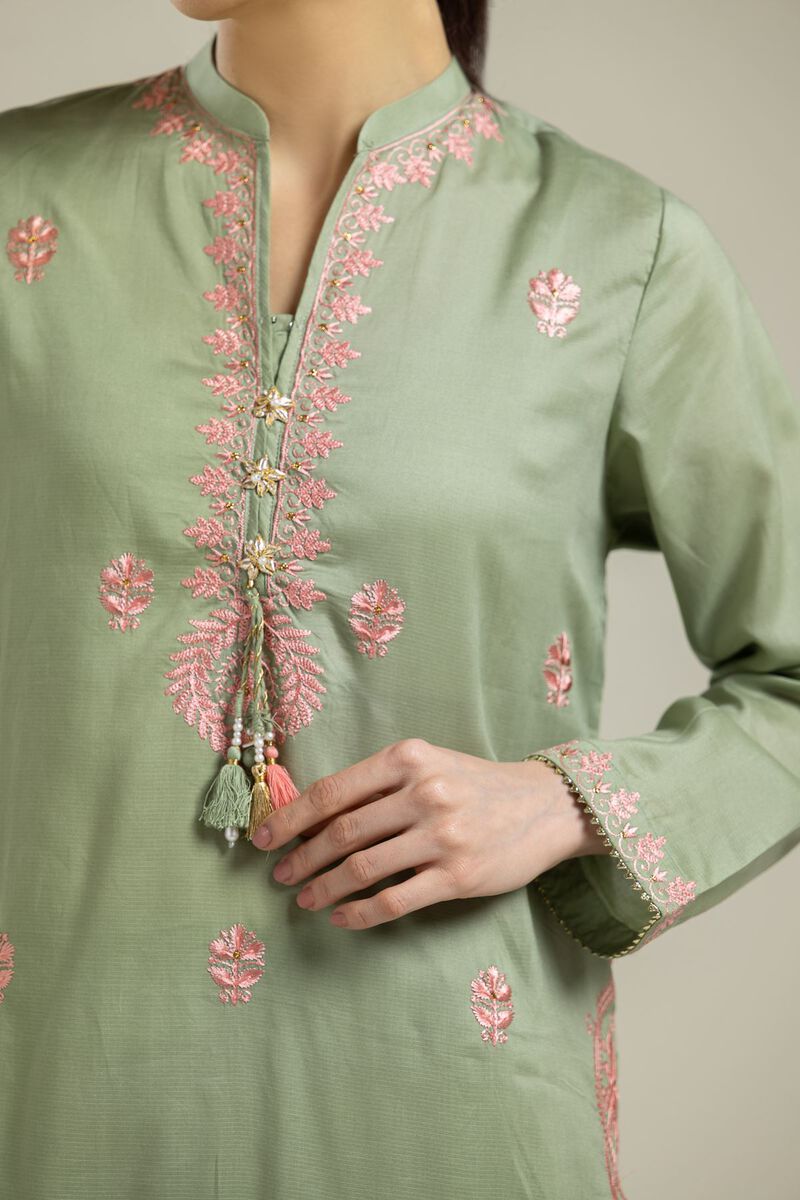 Embroidered | Textured Weave | Long Mint Kurta | USD 40.00