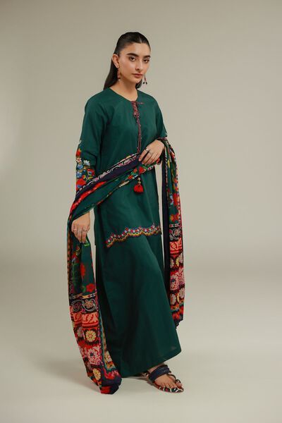 Embroidered | Cotton Dobby | Green Cotton Pants | USD 25.00