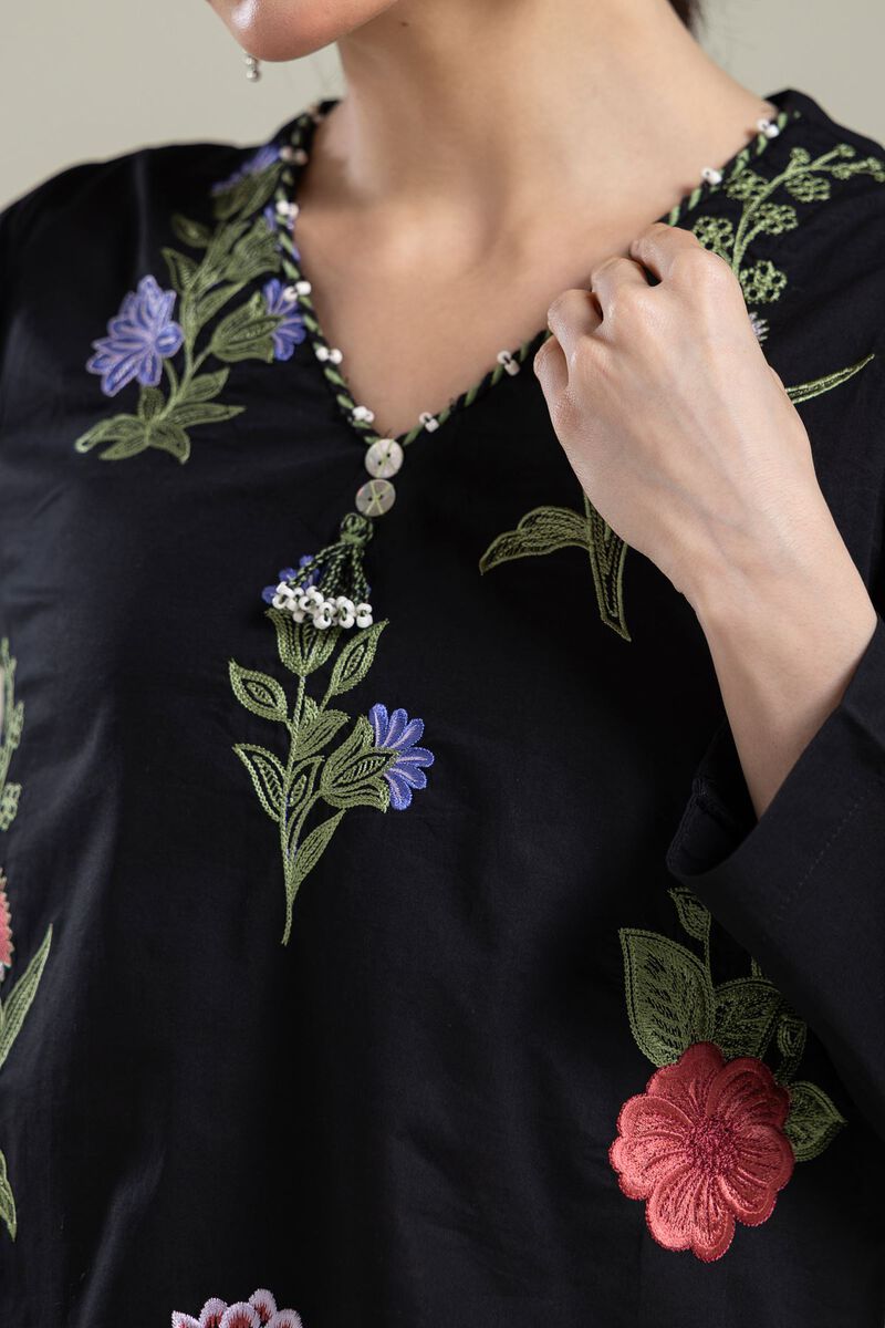 Embroidered | Cambric | Black V-Neck Kurta | USD 40.00