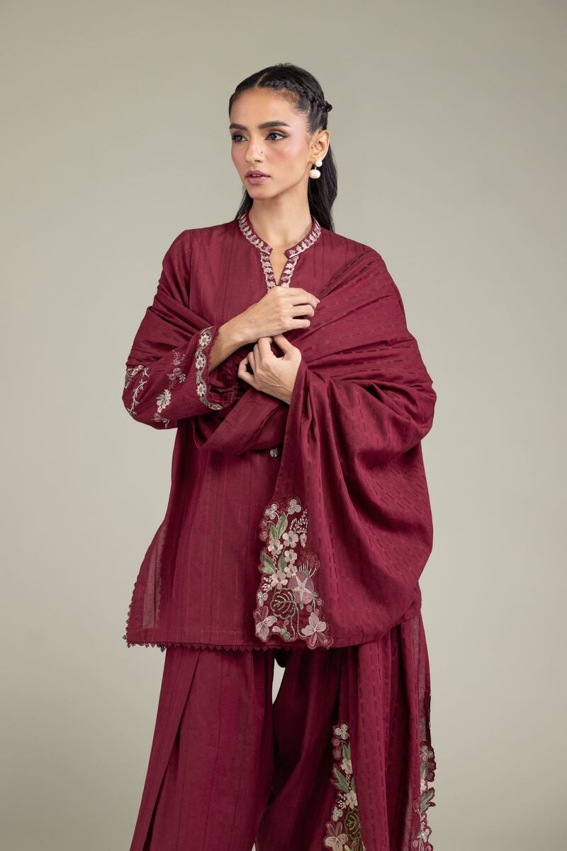 Embroidered | Textured Cotton | Floral Maroon Dupatta | USD 35.00