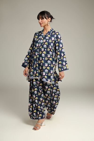 Embroidered | Cotton Dobby | Floral Navy Kurta | USD 30.00