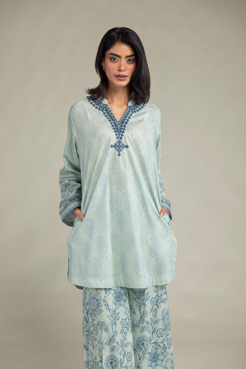 Embroidered | Cambric | Blue V-Neck Kurta | USD 35.00