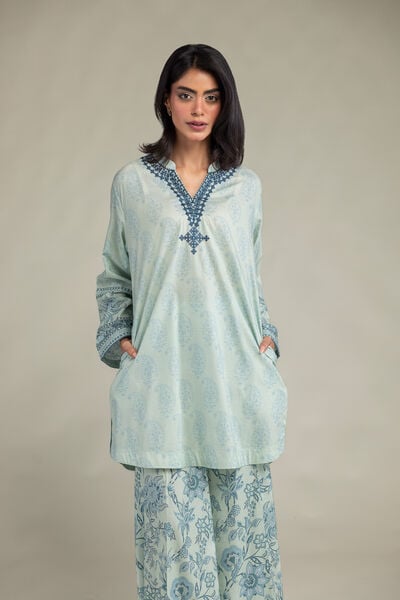 Embroidered | Cambric | Blue V-Neck Kurta | USD 35.00