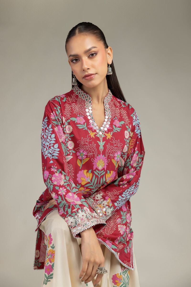 Embroidered | Cotton Viscose | Floral Red Kurta | USD 45.00