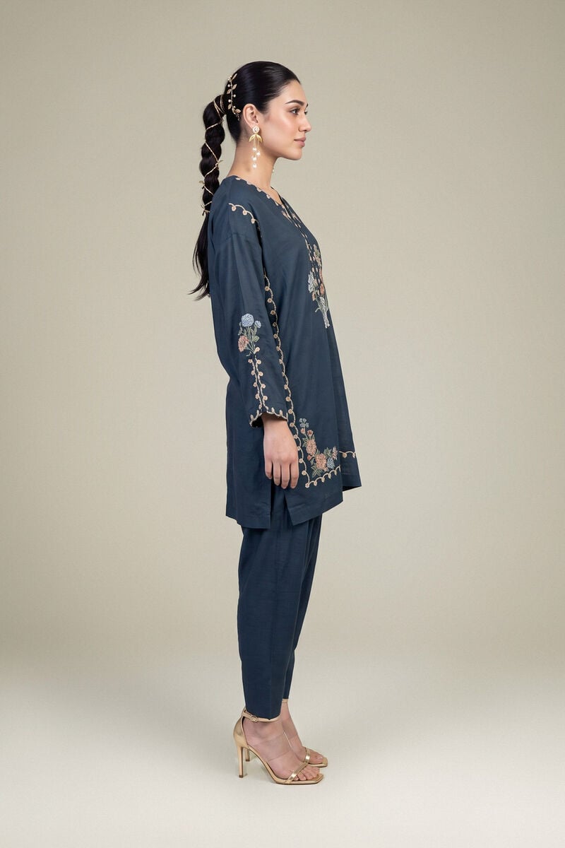 Embroidered | Raw Silk | Floral Navy Kurta | USD 45.00