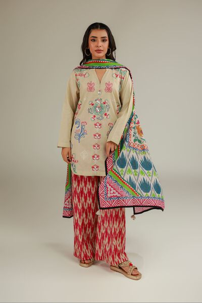 Embroidered | Cotton Dobby | Red Summer Pants | USD 25.00