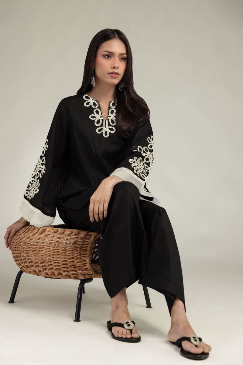 Embroidered | Cotton Dobby | Black V-Neck Kurta | USD 35.00