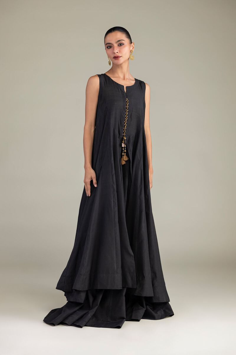 Dyed | Textured Raw Silk | Black Sleeveless Kurta | USD 55.00