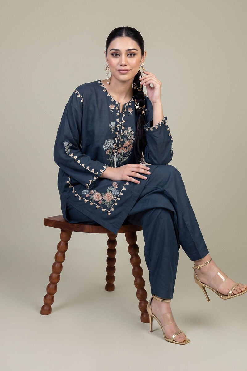 Embroidered | Raw Silk | Floral Navy Kurta | USD 45.00