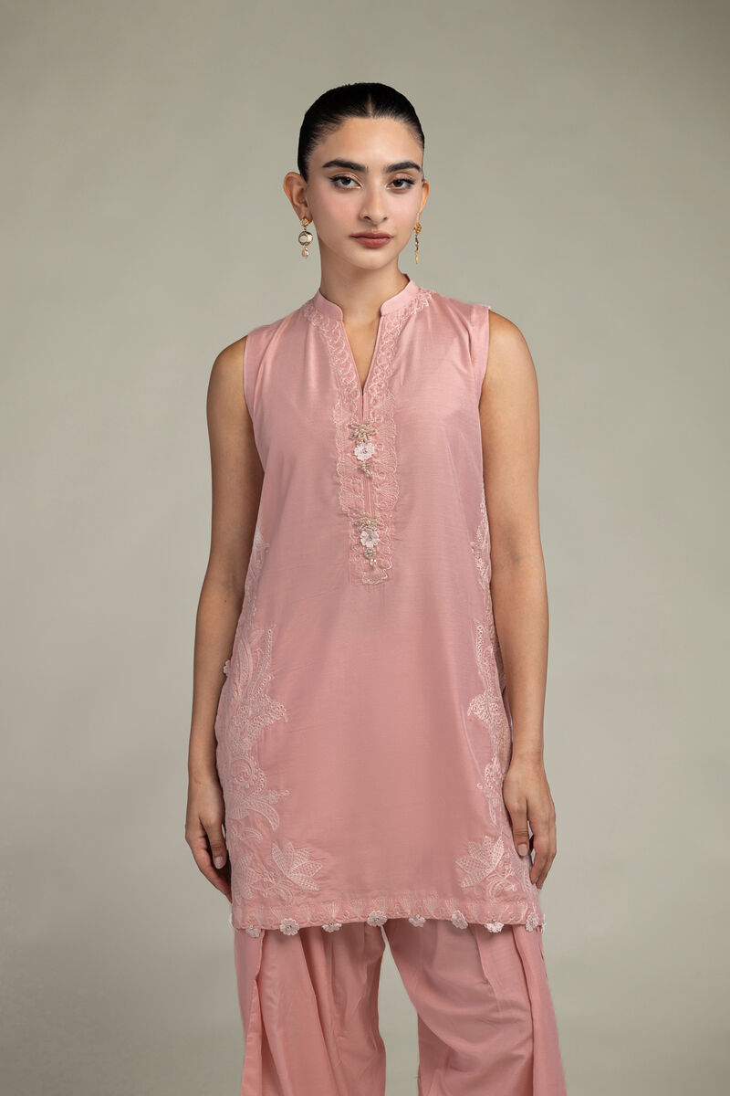Raw Silk | Sleeveless Pink Kurta | USD 65.00