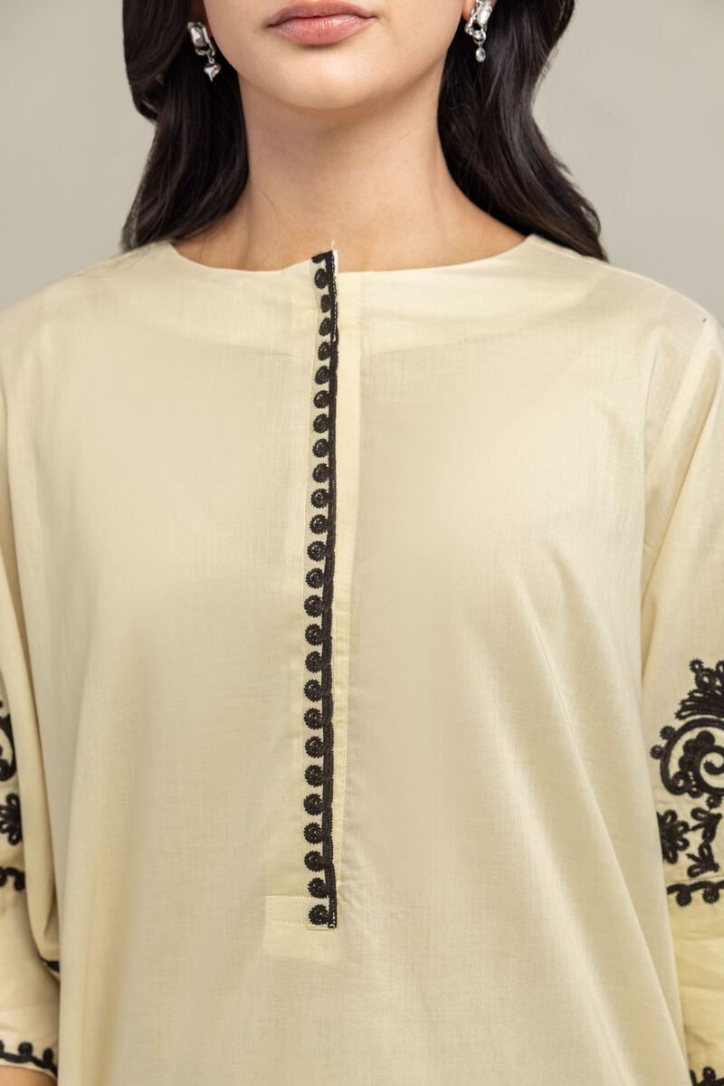 Embroidered | Cambric | Beige Round-Neck Kurta | USD 45.00