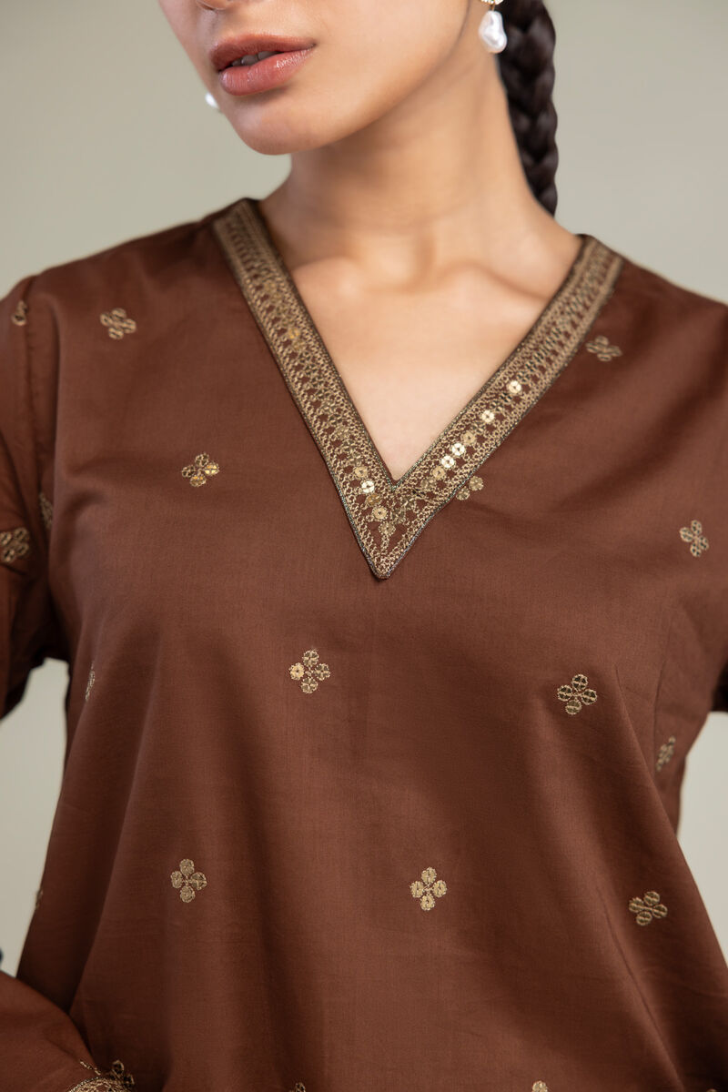 Embroidered | Cambric | Brown V-Neck Kurta | USD 40.00