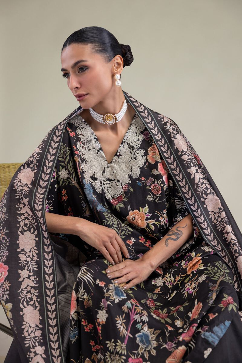 Embroidered | Raw Silk | Black V-Neck Kurta | USD 13.50