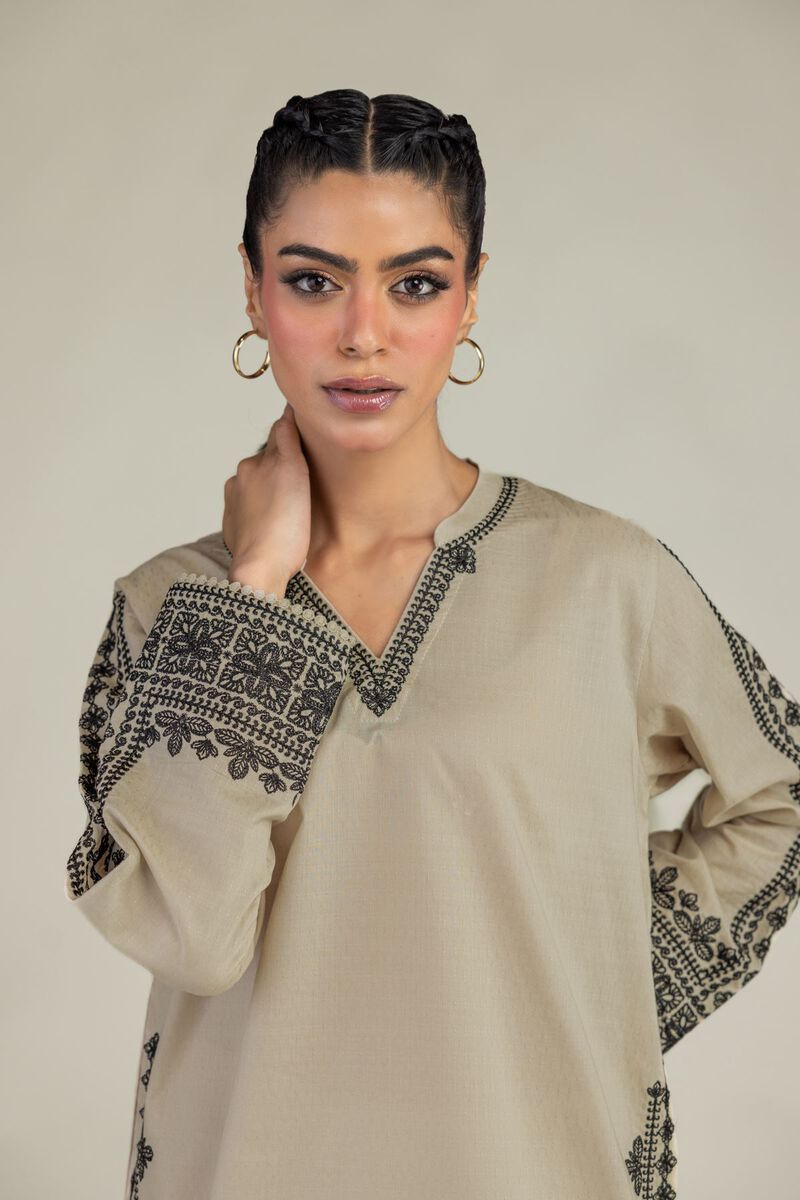 Embroidered | Cotton Dobby | Beige V-Neck Kurta | USD 45.00