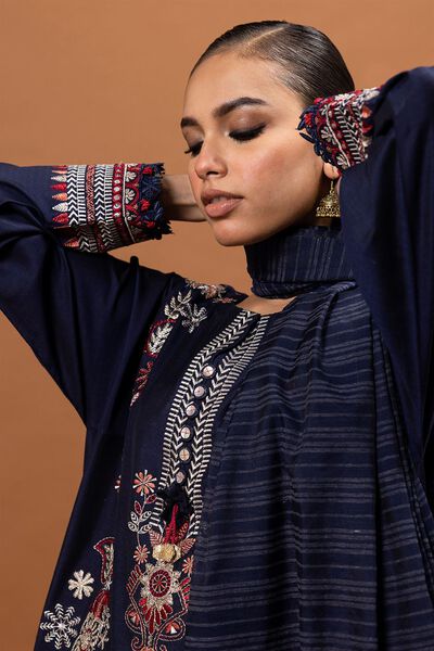 3 Piece Embroidered Raw Silk Suit, BLUE, hi-res