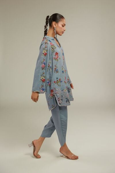 Embroidered | Raw Silk | Blue Silk Pants | USD 30.00