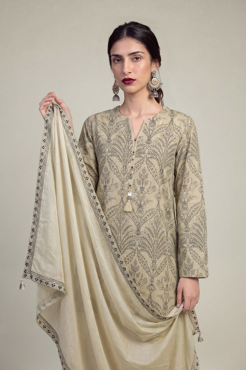 Embroidered | Polyester Silk | Beige Silk Dupatta | USD 35.00