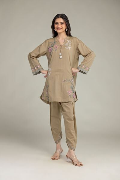 Embroidered | Cotton Dobby | Floral Beige Shalwar | USD 25.00