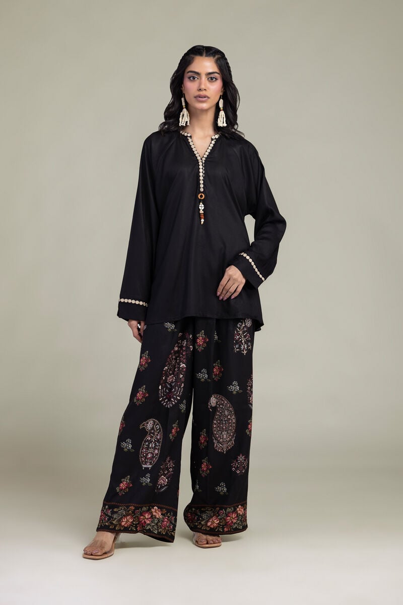 Embroidered | Viscose Crepe | Black V-Neck Tunic | USD 45.00