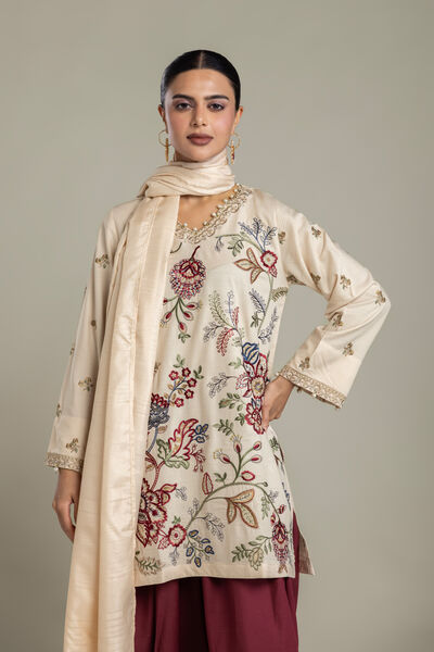 Embroidered | Raw Silk | Short V-Neck Kurta | USD 70.00