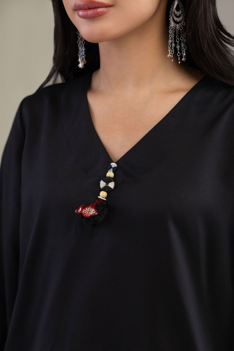 Printed | Textured Weave | Black V-Neck Kurta | USD 35.00