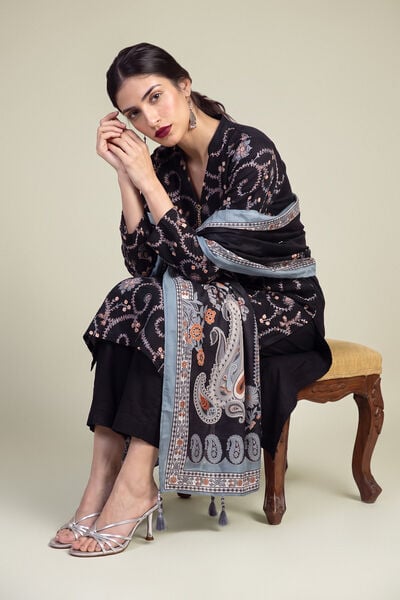 Embroidered | Polyester Silk | Black Silk Dupatta | USD 35.00