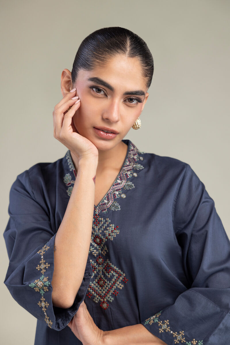 Embroidered | Cambric | V-Neck Navy Kurta | USD 40.00