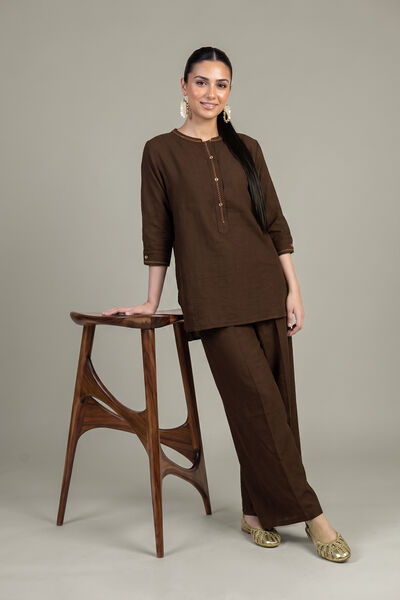 Dyed | Crepe | Solid Brown Trousers | USD 35.00