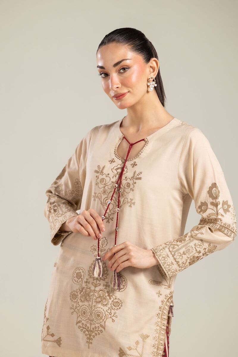 Embroidered | Raw Silk | Floral Beige Kurta | USD 55.00