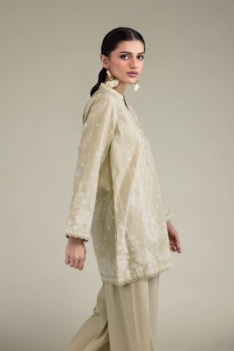 Printed | Cambric | Beige Band-Collar Kurta | USD 40.00