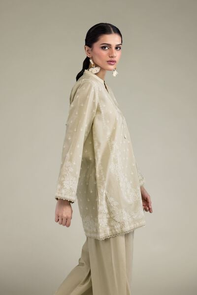 Printed | Cambric | Beige Band-Collar Kurta | USD 40.00