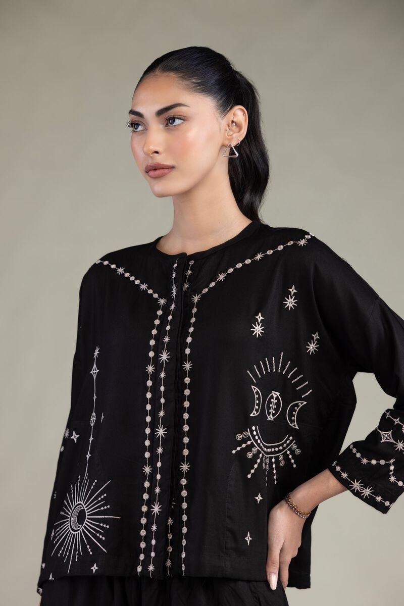 Embroidered | Viscose Crepe | Black Round-Neck Shirt | USD 40.00