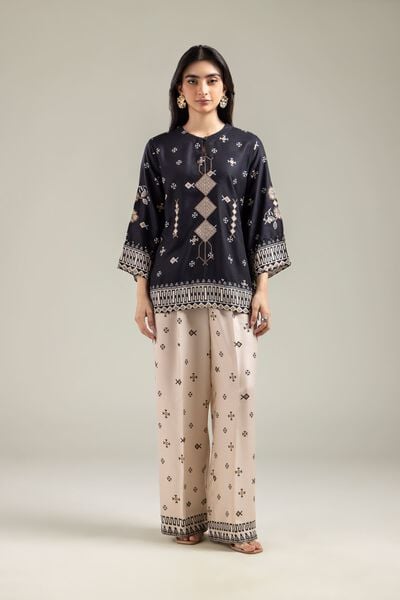 Embroidered | Viscose Crepe | Geometric Beige Trousers | USD 30.00
