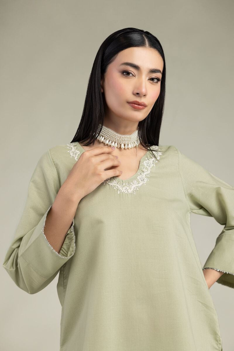Embroidered | Mesuri | V-Neck Mint Kurta | USD 35.00