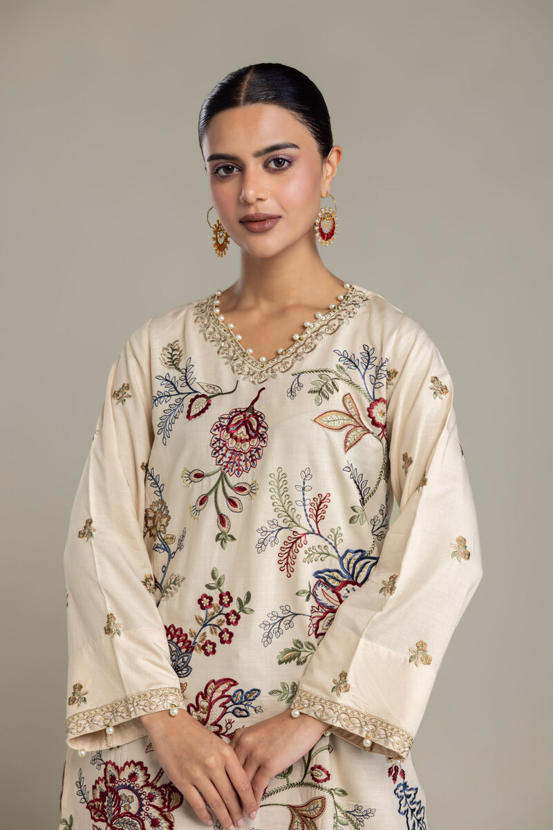 Embroidered | Raw Silk | Short V-Neck Kurta | USD 70.00