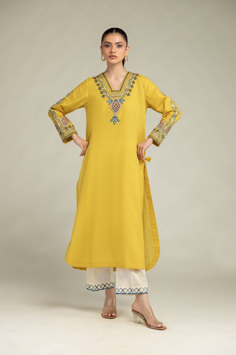 Embroidered | Cambric | Yellow Longline Kurta | USD 40.00